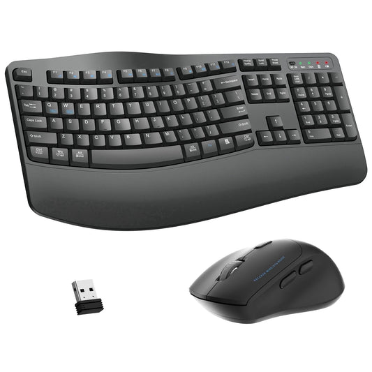 Wireless Wave Keys Combo, Ergonomic Keyboard and Mouse, 2.4Ghz, Full Size, Comfortable Natural Typing, for Laptop, Mac, Windows (Grey)