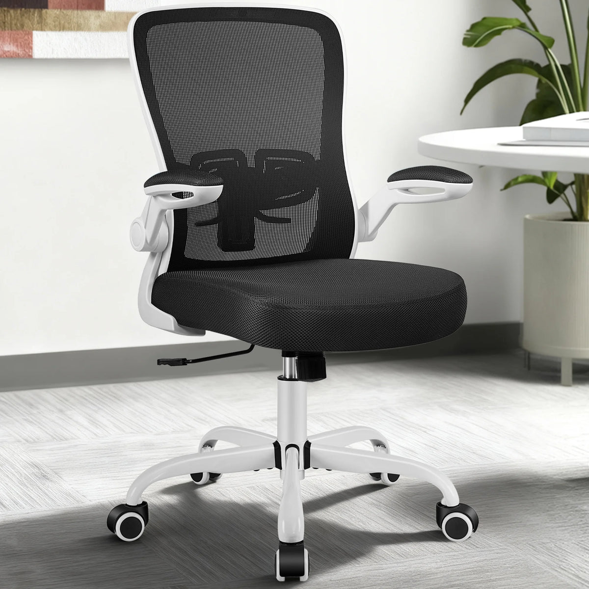 Ergonomic Office Chair, Home Office Desk Chair, Comfort Mesh Task Chair with Adjustable Lumbar Support and Flip up Arms, White