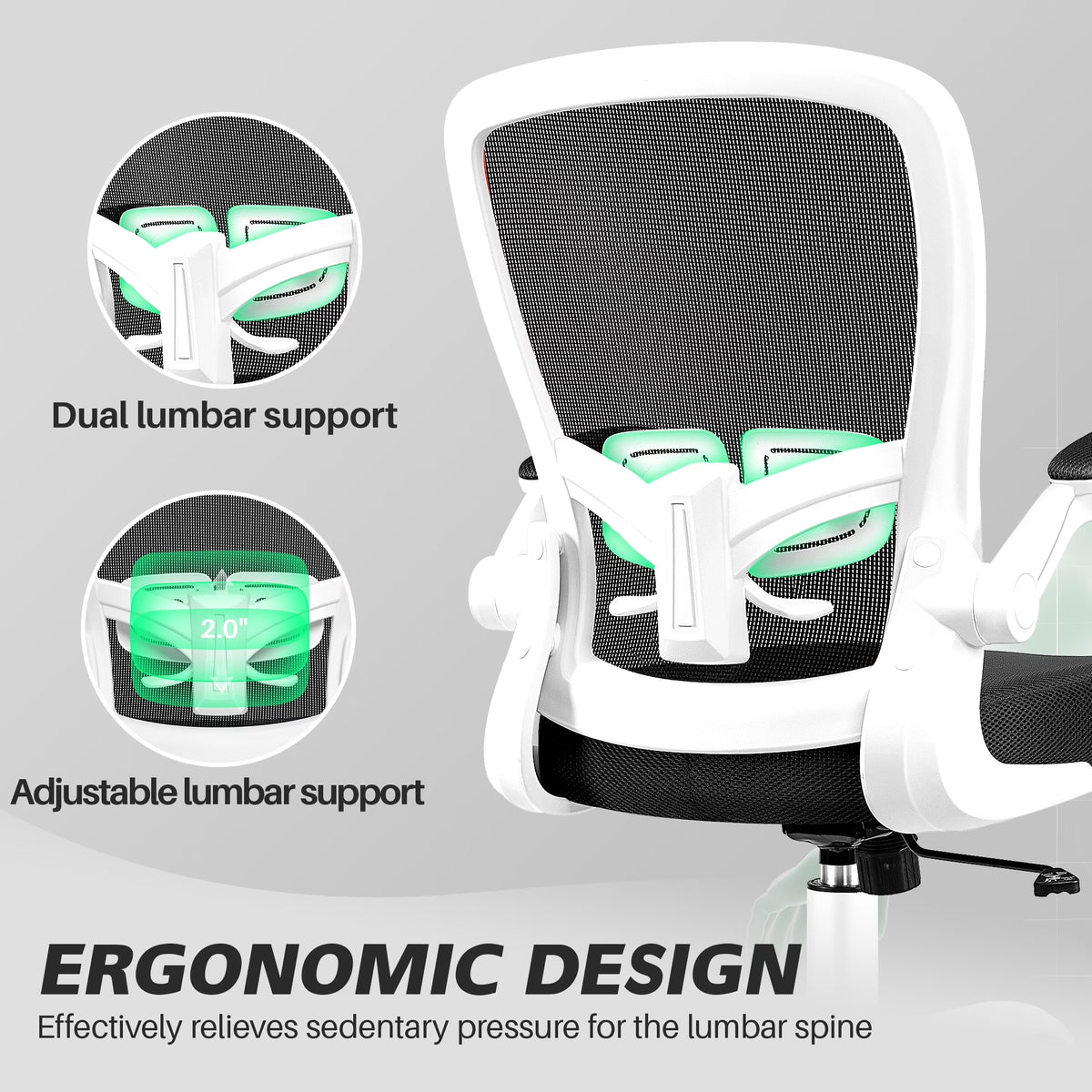 Ergonomic Office Chair, Home Office Desk Chair, Comfort Mesh Task Chair with Adjustable Lumbar Support and Flip up Arms, White